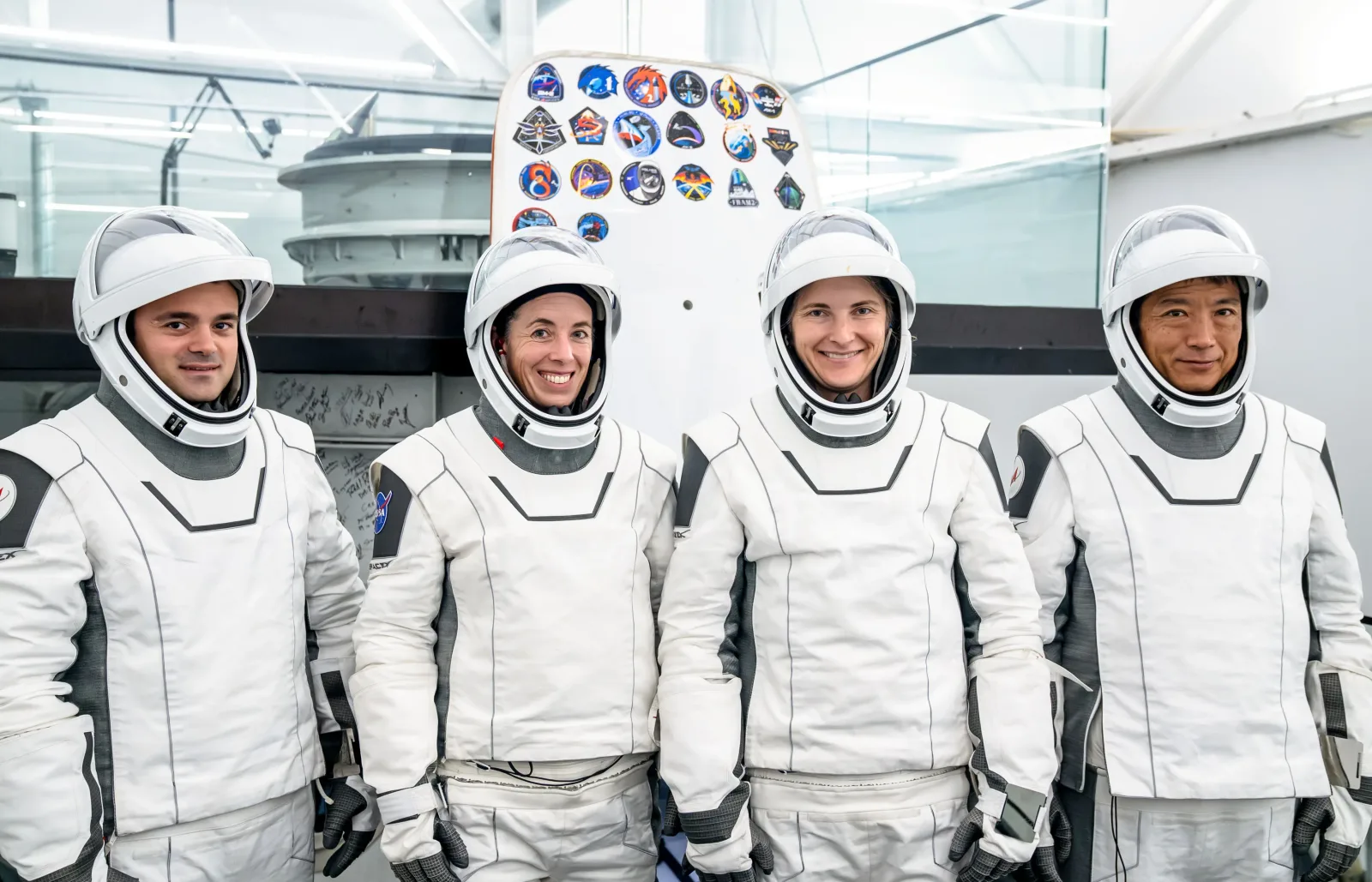 Crew-14 astronauts (from left) Arutyun Kiviryan, Chris Birch, Kayla Barron and Makoto Suwa during their preflight training.