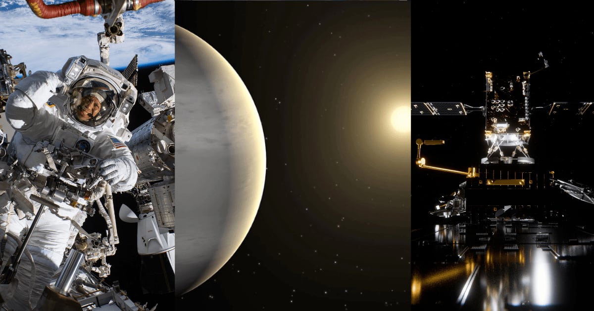 (From left) NASA astronaut Chris Williams during a spacewalk; artistic rendering of TOI-6894 b as it zips around its red dwarf host star; artificial rendering of Phoenix approaching to dock. (Representative Cover Image Source: NASA | ESA | ClearSpace)