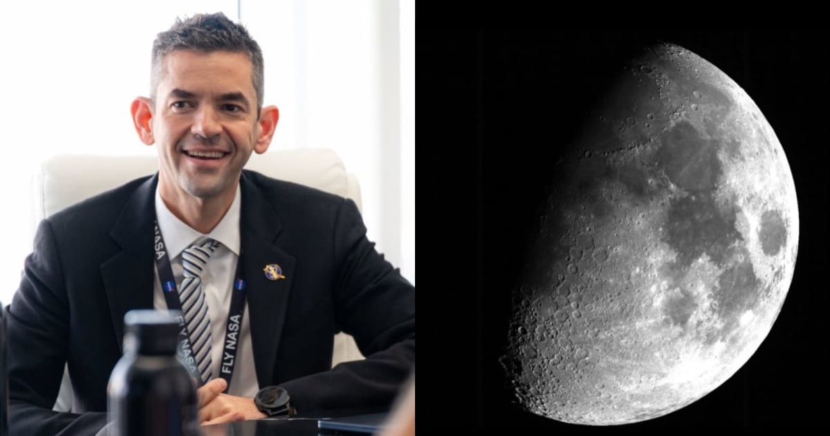 NASA Administrator Jared Isaacman attends a meeting with SpaceX and Blue Origin, January 2026 (L); Photograph of a half-lit Moon captured from Earth (R). — (Cover Image Source: X@NASAAdmin/ESA)