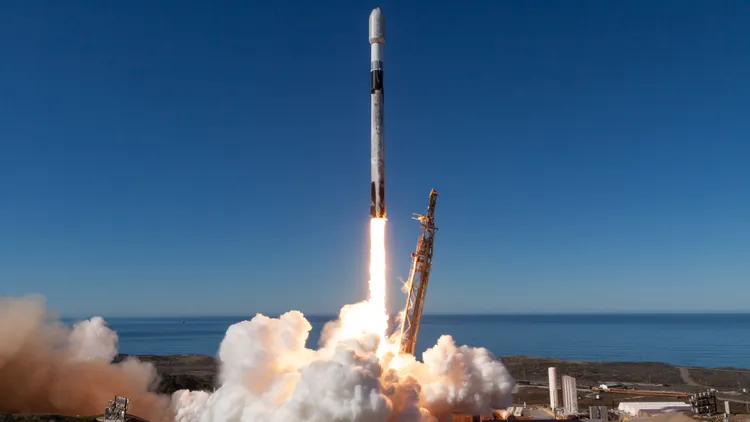 A SpaceX Falcon 9 rocket launches the 131-satellite Transporter 12 rideshare mission from California’s Vandenberg Space Force Base on Jan. 14, 2025. (Image credit: SpaceX)
