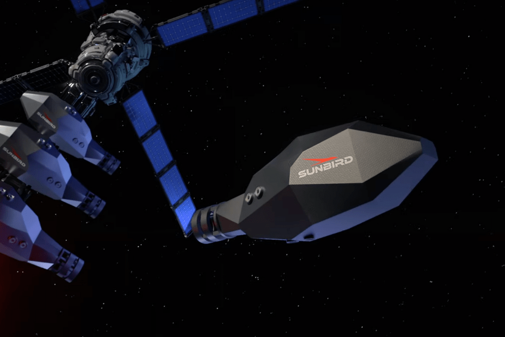 A rendering of a Sunbird rocket detaching from its station to dock onto an approaching spacecraft. Pulsar Fusion via YouTube