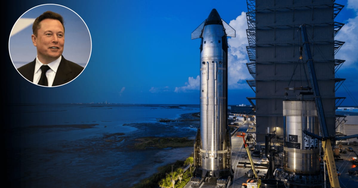 Image showing Starship at Starbase in Texas, with an inset of SpaceX CEO Elon Musk. — (Cover Image Source: X/@SpaceX, Getty Images)
