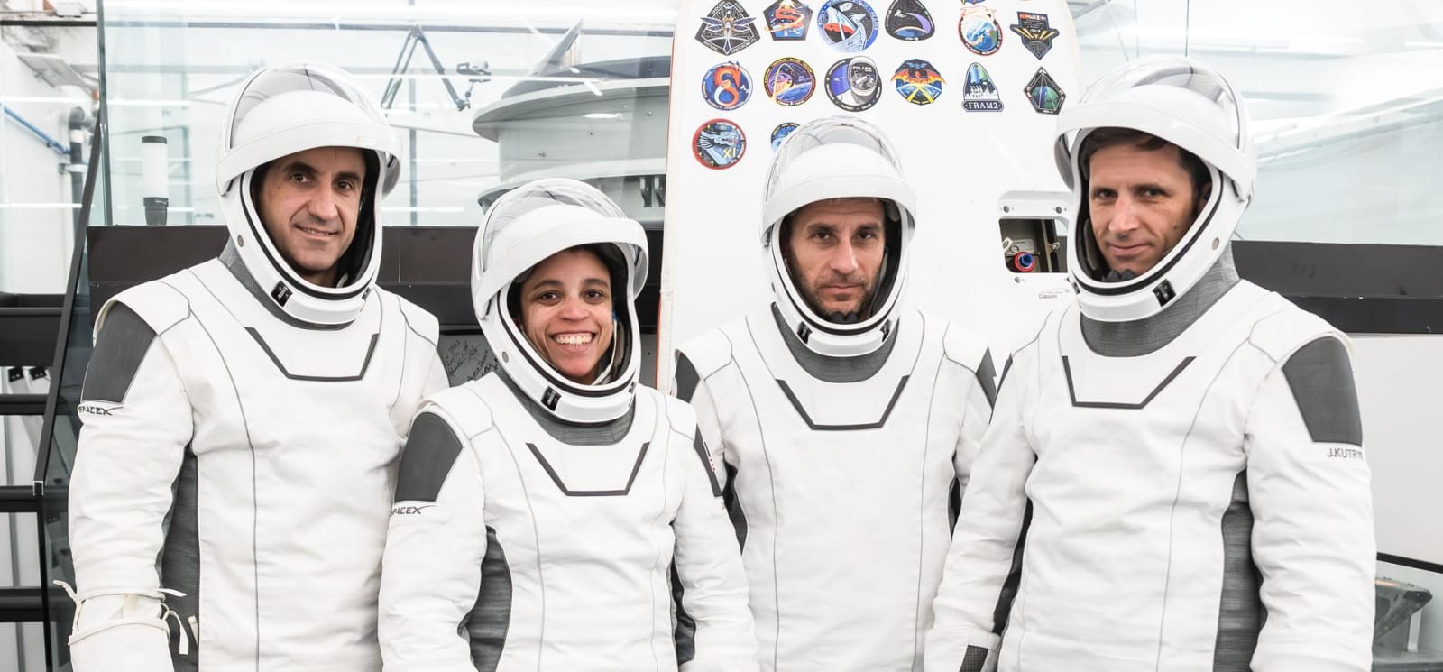 The SpaceX Crew-13 members pose for a portrait in their pressure suits during a preflight training session at the company’s headquarters in Hawthorne, California. From left are, Roscosmos cosmonaut Sergey Teteryatnikov, NASA astronauts Jessica Watkins and Luke Delaney, and CSA (Canadian Space Agency) astronaut Joshua Kutryk. SpaceX