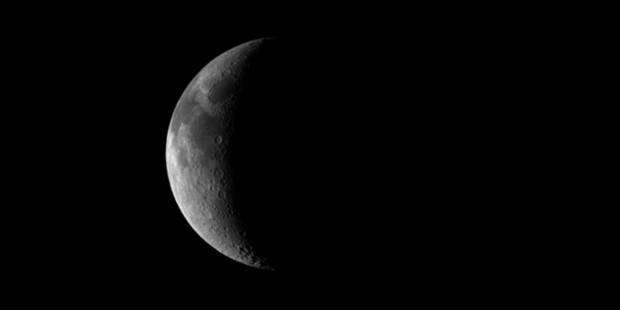 This image shows the Moon in the distance. It was taken at about eight hours before Juice's closest approach to Earth.