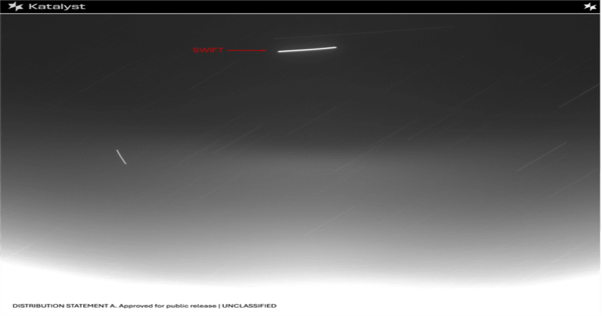 NASA’s Neil Gehrels Swift Observatory appears as a streak in this image captured by Katalyst Space’s LINK spacecraft during its approach to Swift.  (Image Source: Katalyst Space)