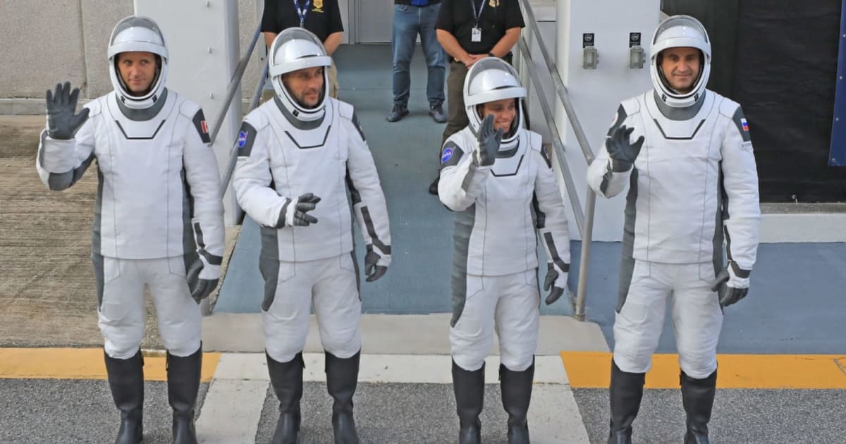 The four Crew-13 astronauts wave to visitors after completing a dry dress rehearsal at Space Launch Complex 40 in Cape Canaveral. — (Cover Image Source: NASA)