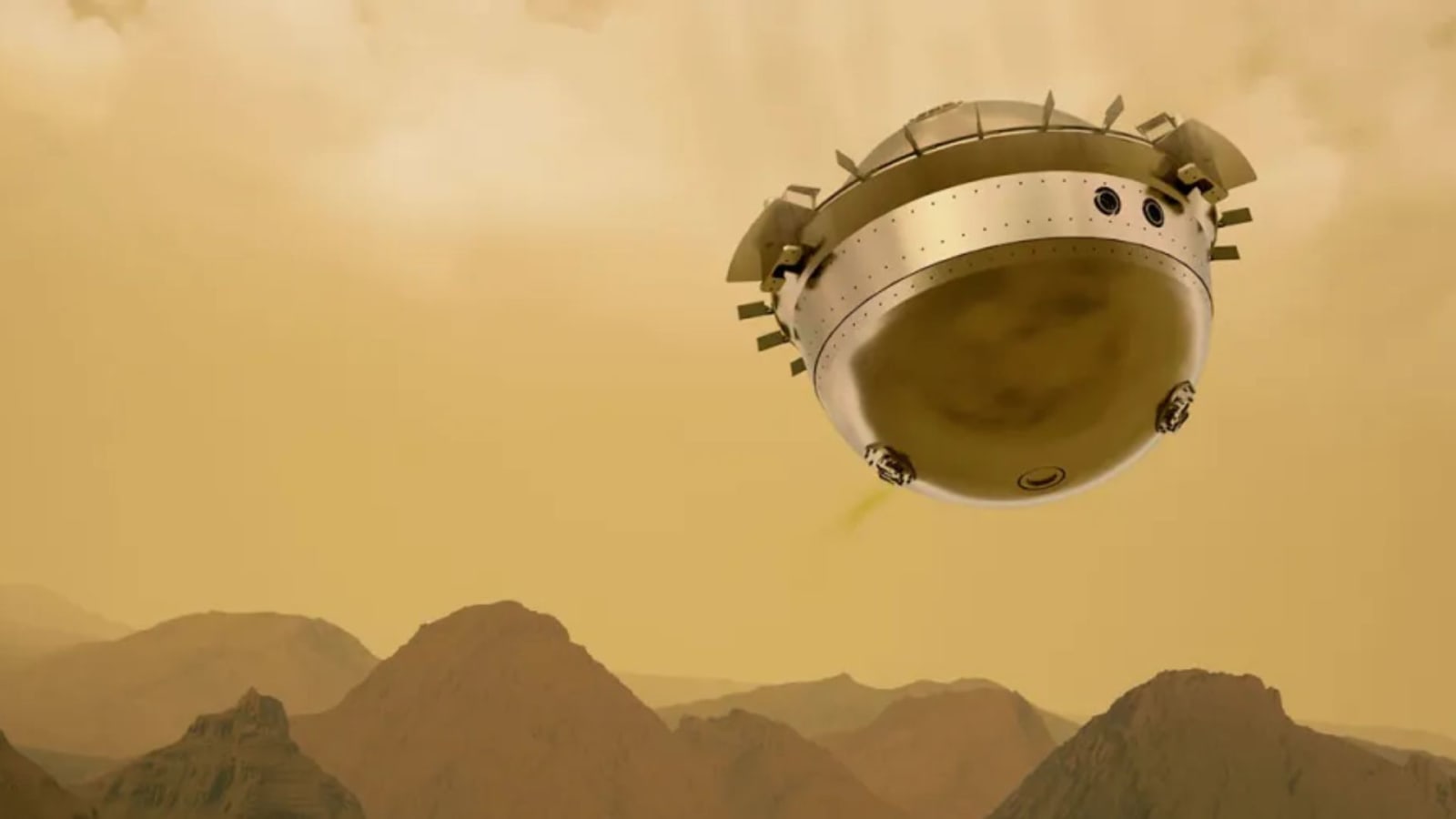 An artist’s rendering of NASA’s DAVINCI probe as it descends over the mountains of Alpha Regio on Venus.