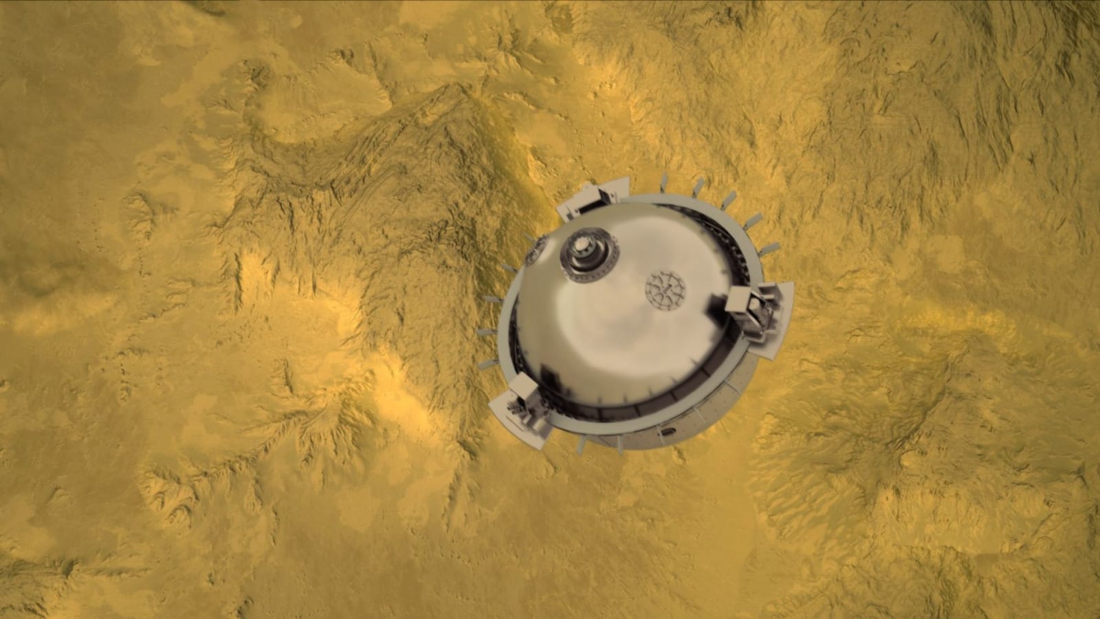 Artist's concept of the DAVINCI mission's descent probe falling to the surface of Venus.