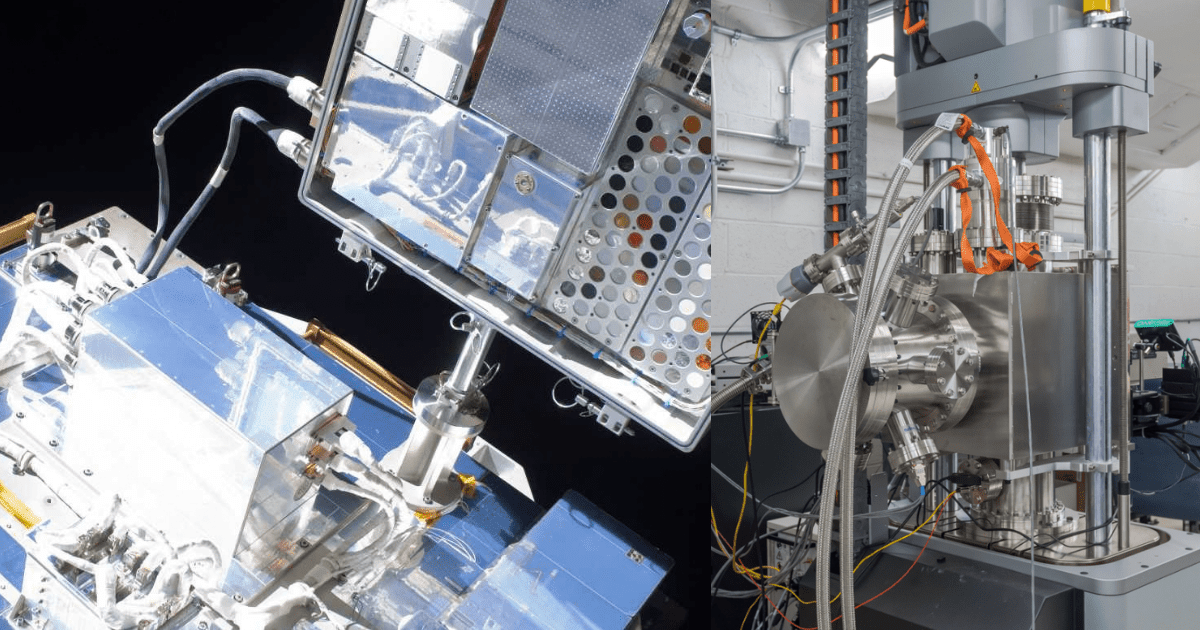 Close-up view of Materials International Space Station Experiment (left) and Glenn’s Lunar Environment Structural Test Rig (Right)