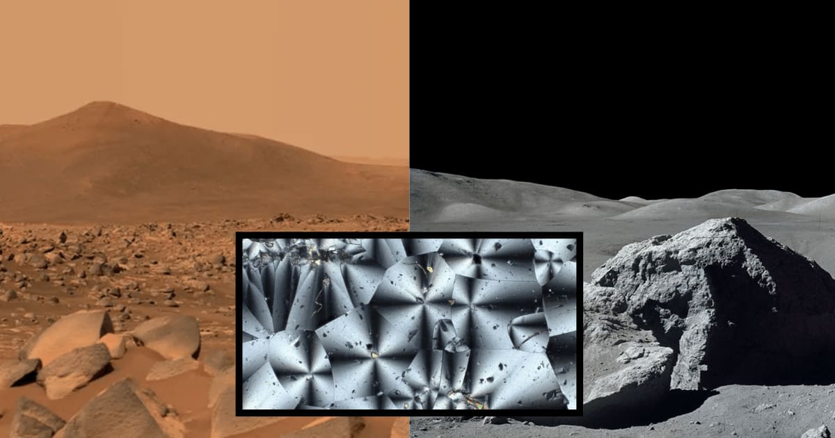 (L)NASA's Perseverance captured a hill on Mars. (Inset) Microscopic image of crystals in new NASA material. (R) Lunar boulder clicked during the third Apollo 17 EVA. (Image Source: R by NASA/JPL-Caltech/ASU/MSSS, Inset by NASA, L by NASA/Gene Cernan)