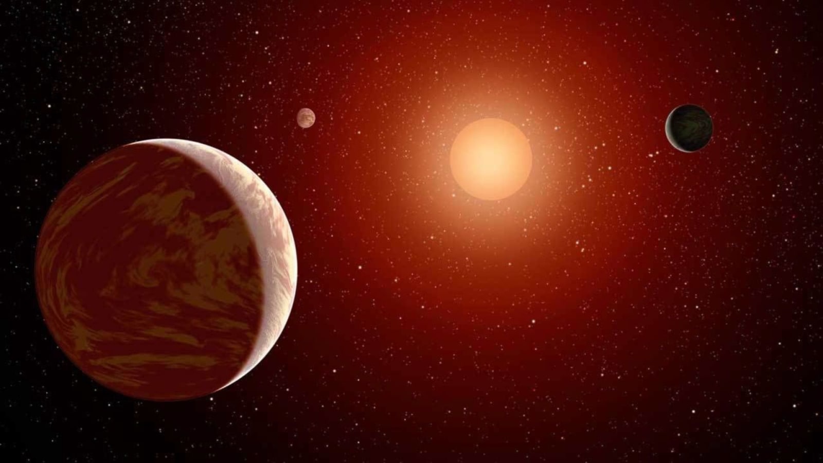 Artist's concept of three rocky exoplanets orbiting a dim red dwarf star.