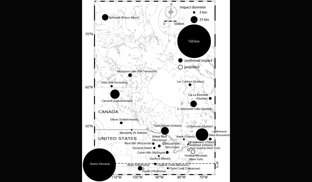 A map of upper North America showing location and area of impact structures dating back 480-360 million years.