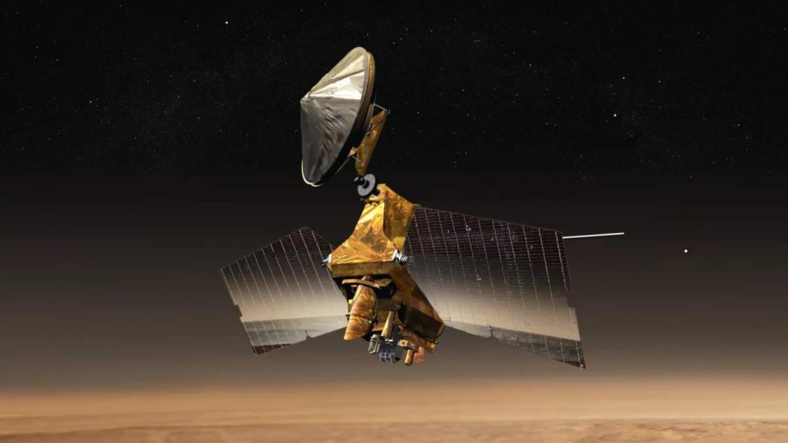 Illustration of NASA's Mars Reconnaissance Orbiter as it orbits Mars.
