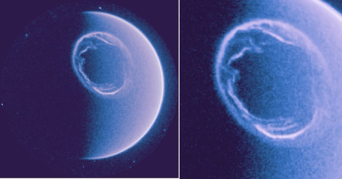 First image released from the ultraviolet camera (UVI) on SMILE mission shows auroral substorm. The pic was captured on August 4, 2026, after the UVI was switched on on July 16. Zoomed-in image on the right. (Cover Image Source: ESA & CAS/Smile/UVI)