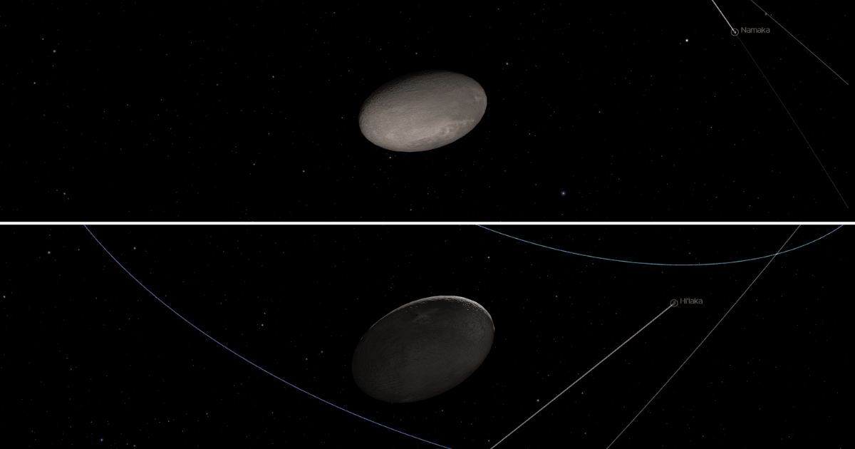 Screenshots from NASA's Eyes on the Solar System showing two sides of Haumea with both its moons. (Representative Image Source: NASA)