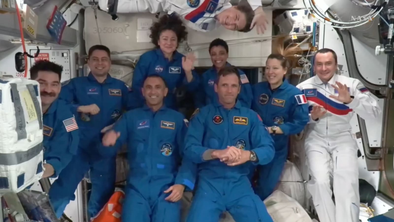 The population of the International Space Station has risen to 11 after Crew-13's arrival. Nine of those are in this picture taken after Crew-13's entry into the ISS.