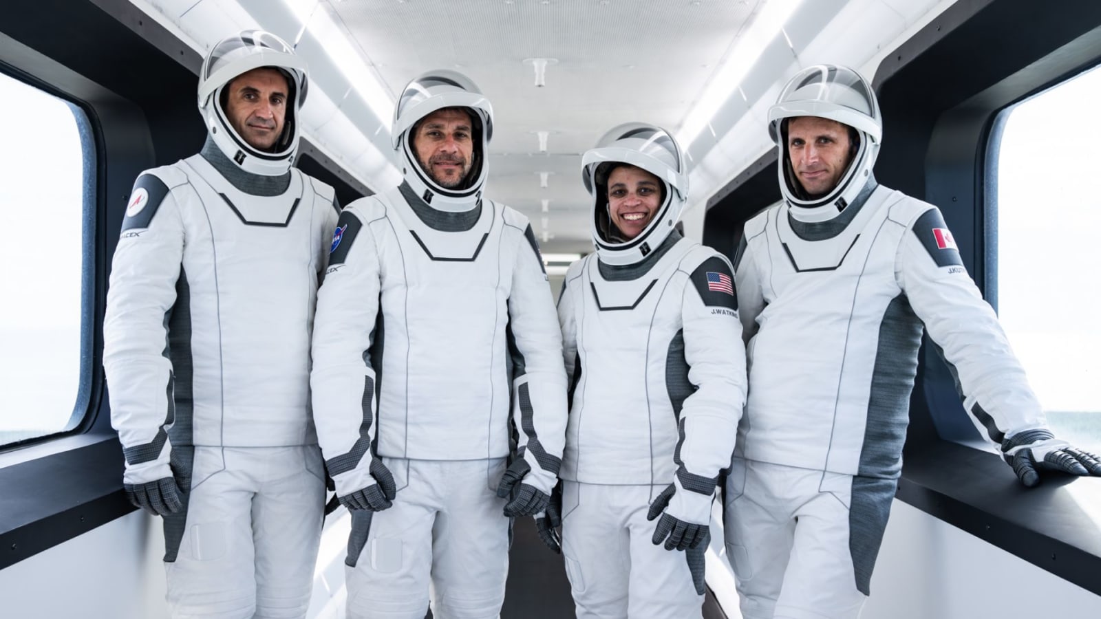 Crew-13's Sergey Teteryatnikov, Luke Delaney, Jessica Watkins and Joshua Kutryk (from left to right) during dress rehearsal at SpaceX headquarters in Hawthorne, California.