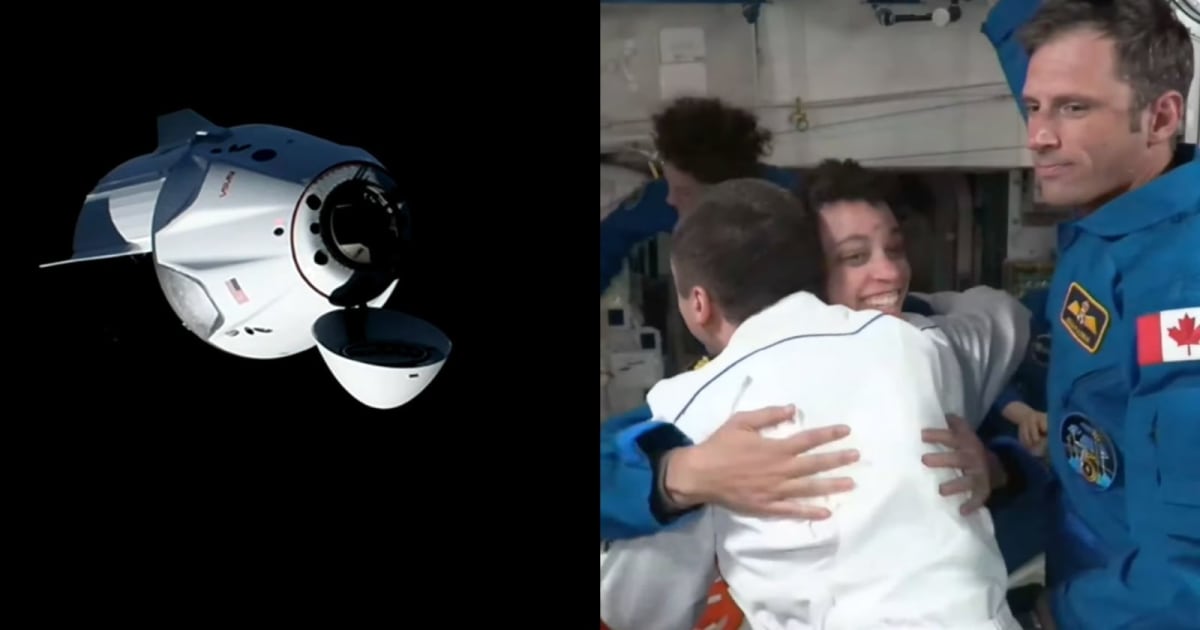 SpaceX's Dragon spacecraft approaching the ISS for docking (left); Crew-13 commander Jessica Watkins hugs Russian cosmonaut Andrey Fedyaev during the welcome ceremony (right). — (Cover Image Source: SpaceX/NASA)