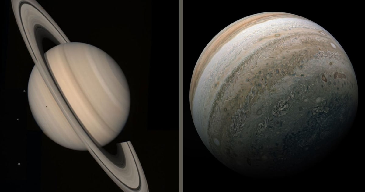 The planet Saturn captured by NASA's Voyager 2 probe on Aug. 4, 1981 (L); Juno spacecraft's view of the planet Jupiter during one of its flybys (R). — (Cover Image Source: NASA)