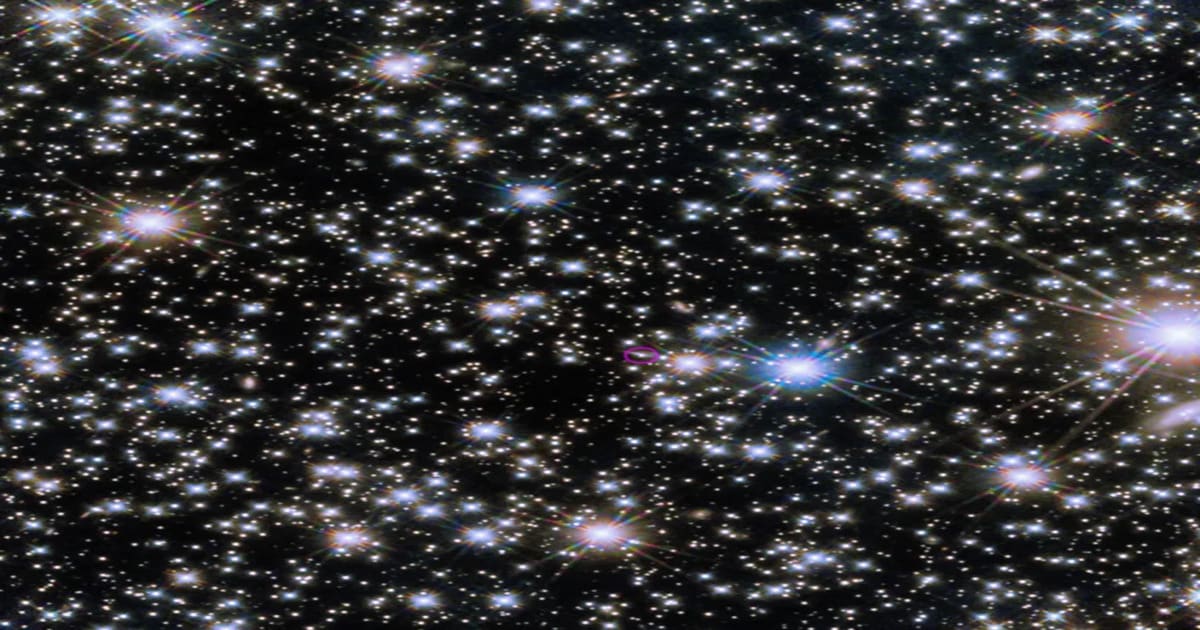 Hubble Space Telescope image showing the infrared afterglow of GRB 221009A (circled) and its host galaxy, appearing as a faint streak of light extending from the burst. (Image Source: NASA, ESA, CSA, STScI, A. Levan (Radboud University); Image Processing: Gladys Kober