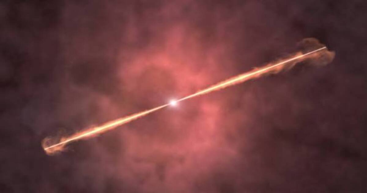 Artist’s illustration of a neutron-star merger producing powerful jets of high-energy radiation. (Image Source: NASA/Goddard Space Flight Center)