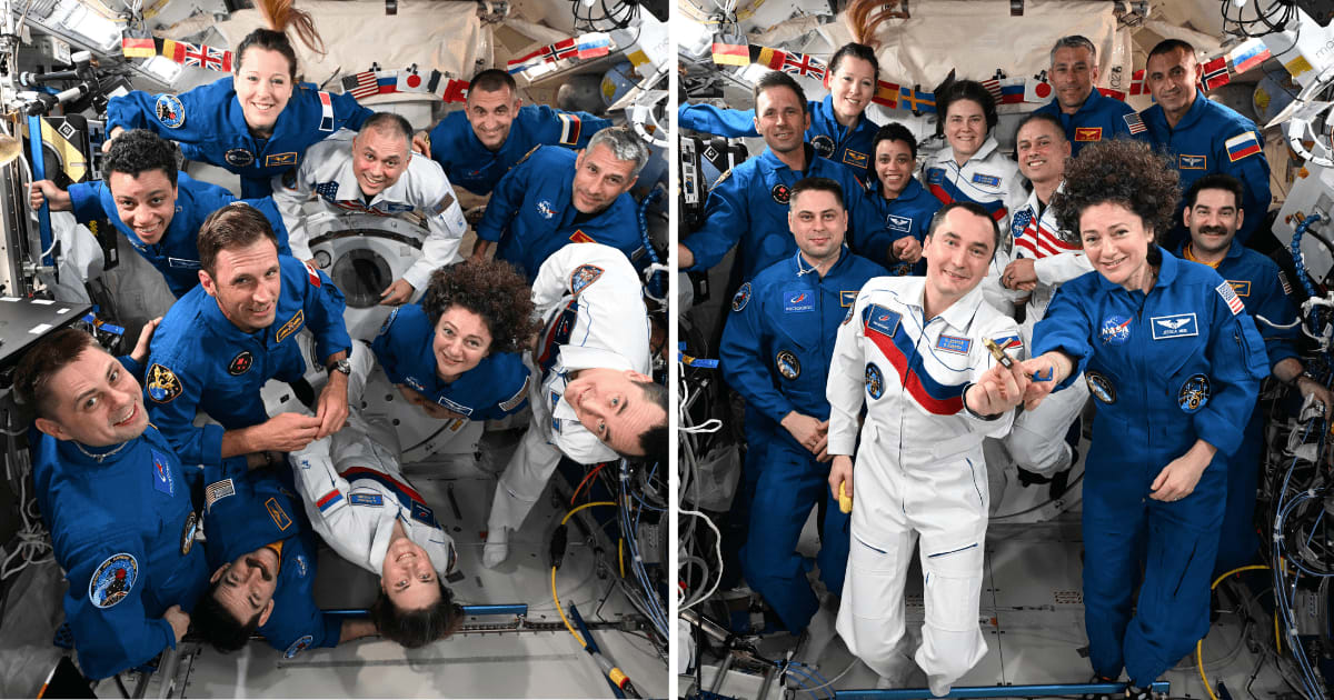 All current inhabitants of the ISS, including members of Crew-12, Crew-13, and Soyuz MS-29, during the key handover ceremony. — (Cover Image Source: NASA)