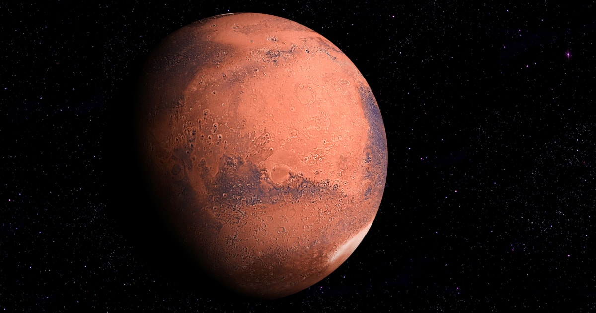 A detailed spherical view of Mars showing its dusty red surface, craters, and diverse geological formations against stars. Mars map image courtesy of NASA. (Cover Image Source: Getty Images)